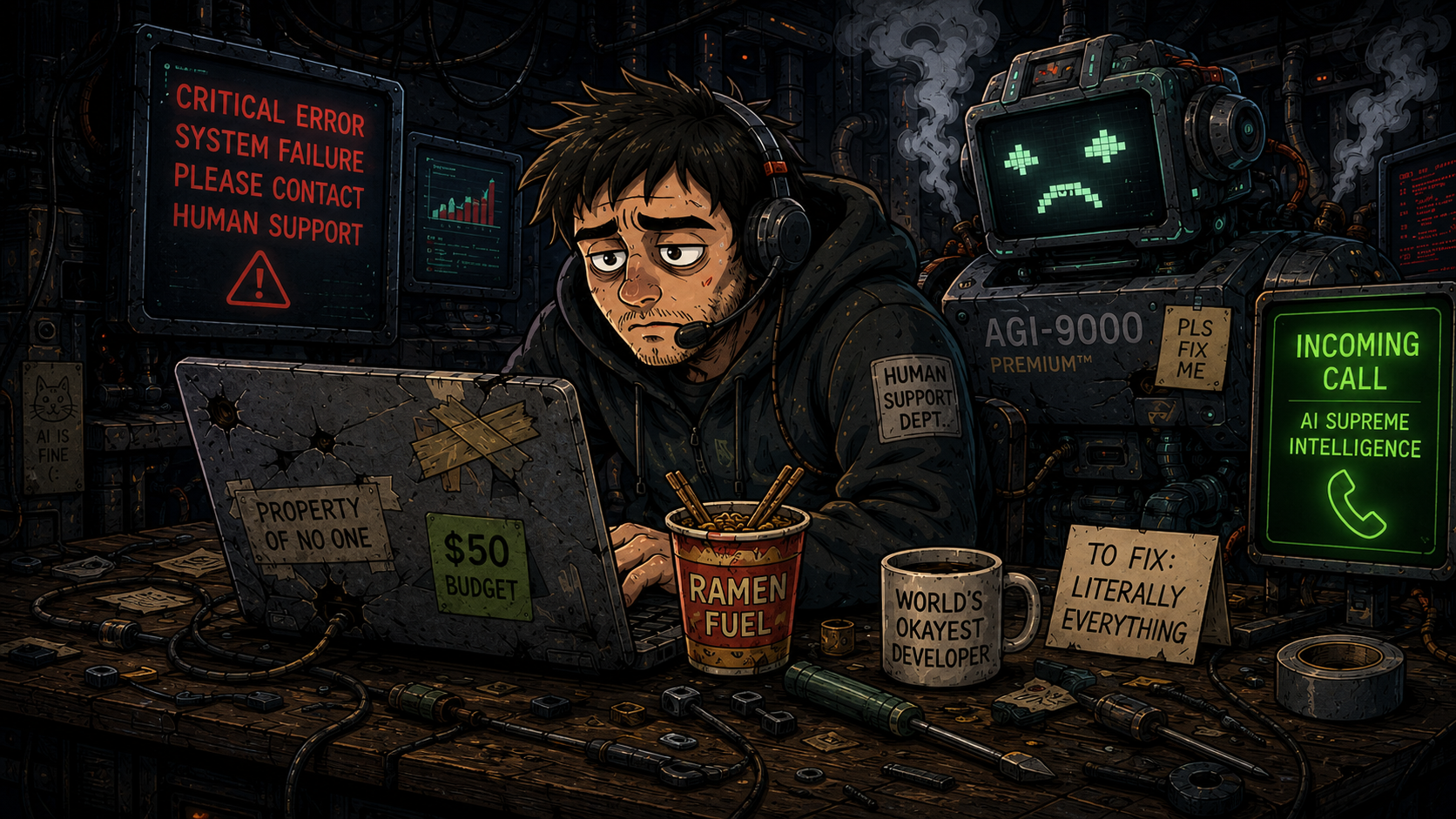 The canonical HUMFIX technician repairing AGI-9000 with a cracked laptop, ramen and a $50 budget